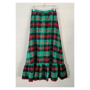 VTG Sz 4-6 Plaid Taffeta Ruffled Maxi Skirt Vibrant Green Black Red
